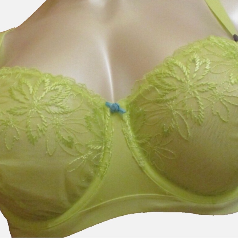 Cacique Lace Embroidered Neon Yellow Green Convertible Sheer Bra 44F